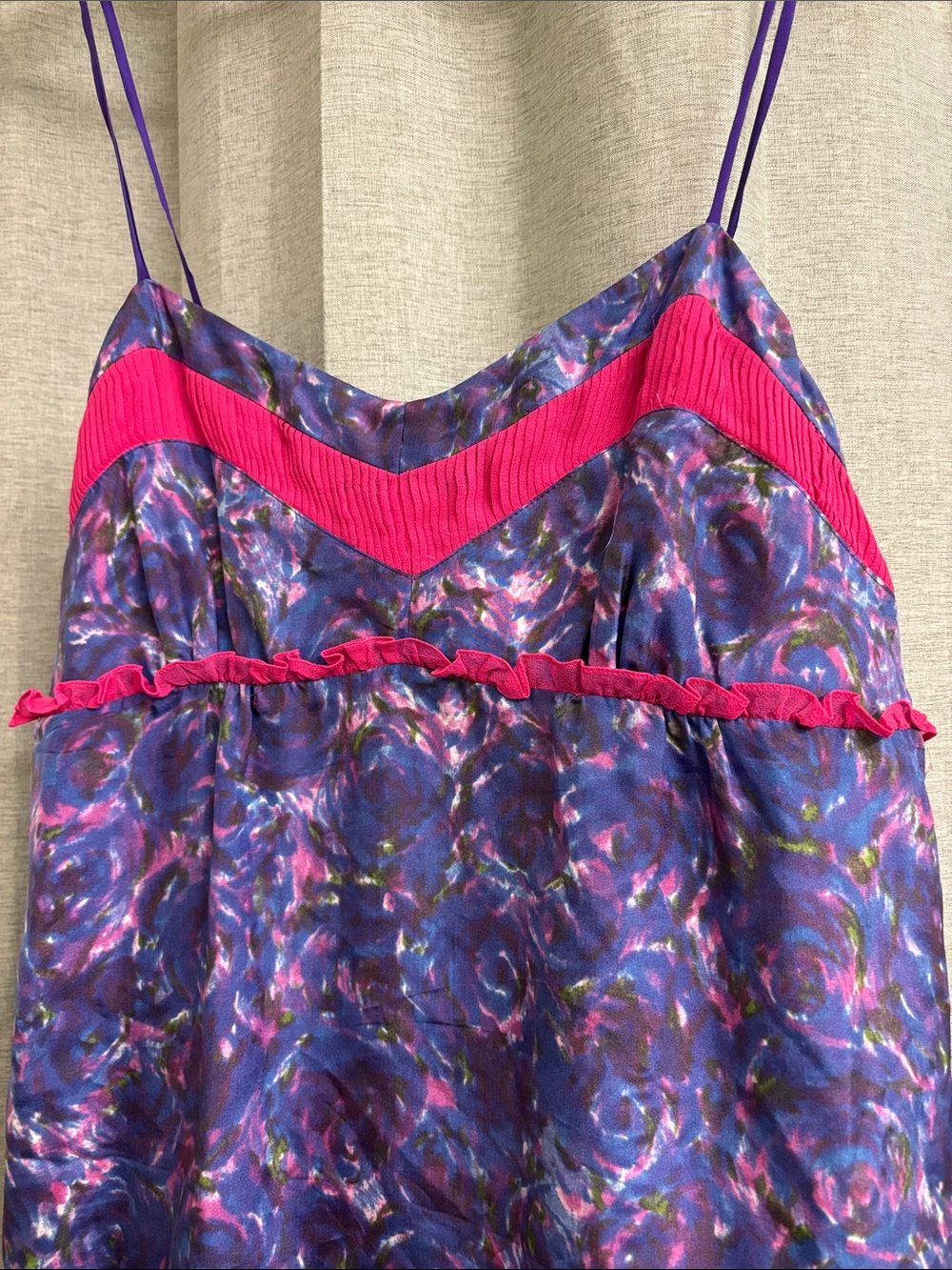 Betsey Johnson Y2K Babydoll Mini Silk Slip Dress Purple w Pink Ruffle Details - Picture 5 of 6